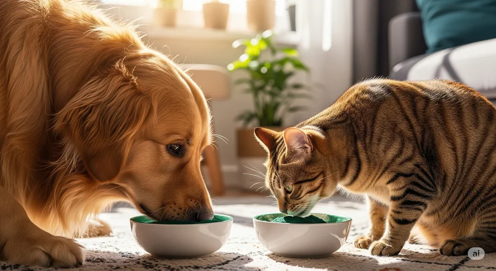سگ و گربه را نشان می دهد که دارند اسپیرولینا می خورند